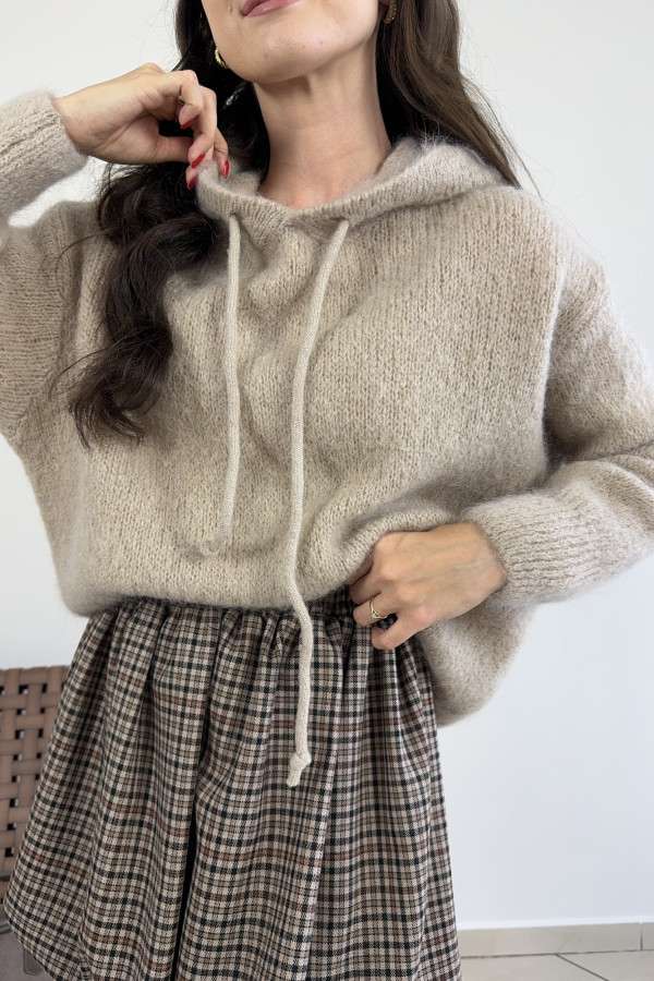 Sweter z kapturem moher i wełna beżowy BROOKLYN 1