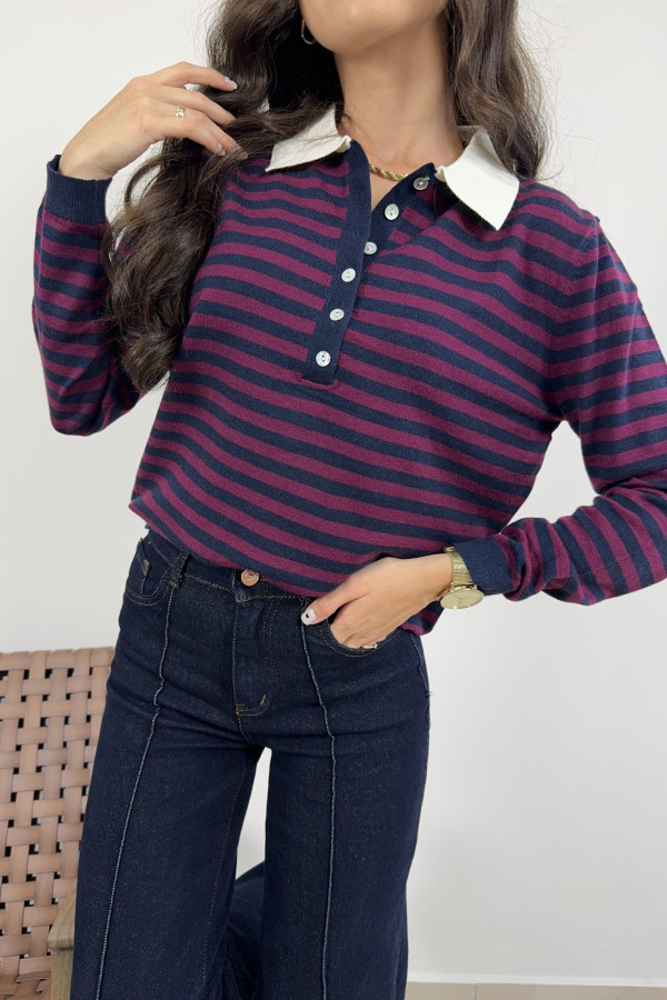 Sweter w bordowo-granatowe paski BERRY