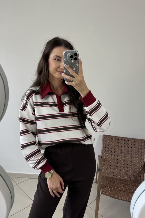 Bluza w czekoladowe paski z bordowym kołnierzykiem POLA 4