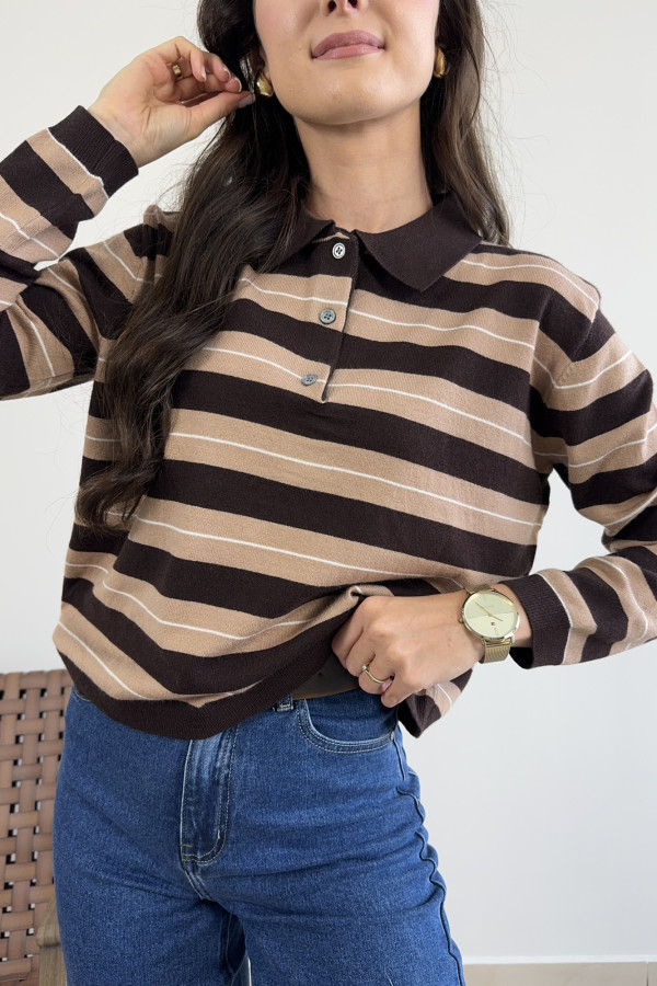 Sweter w czekoladowo-karmelowe paski wełna i wiskoza SOFT STRIPES