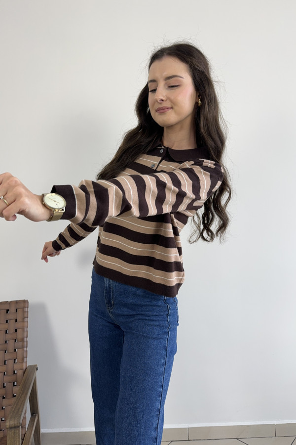 Sweter w czekoladowo-karmelowe paski wełna i wiskoza SOFT STRIPES 1