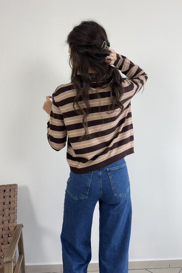 Sweter w czekoladowo-karmelowe paski wełna i wiskoza SOFT STRIPES 2