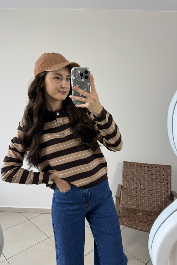 Sweter w czekoladowo-karmelowe paski wełna i wiskoza SOFT STRIPES 3