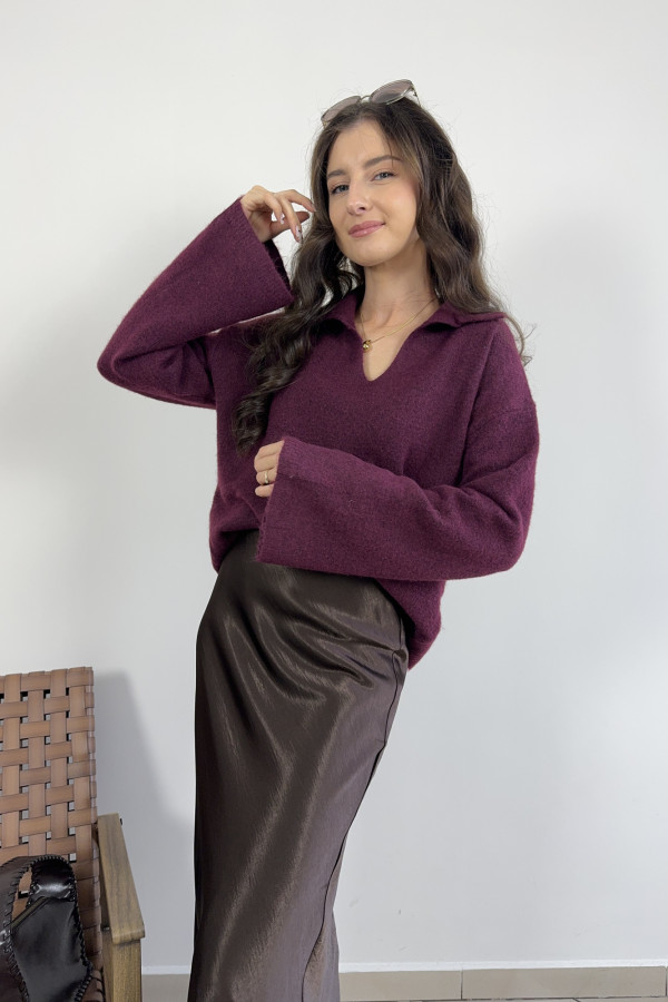 Sweter z kołnierzykiem polo bordowy NOELLE