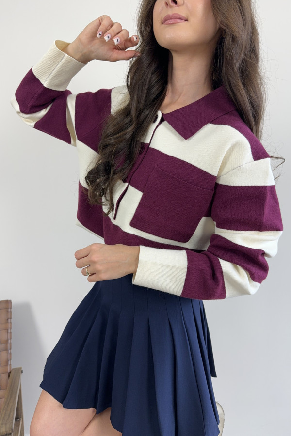 Sweter w bordowo-śmietankowe paski z kieszonką COZY 1