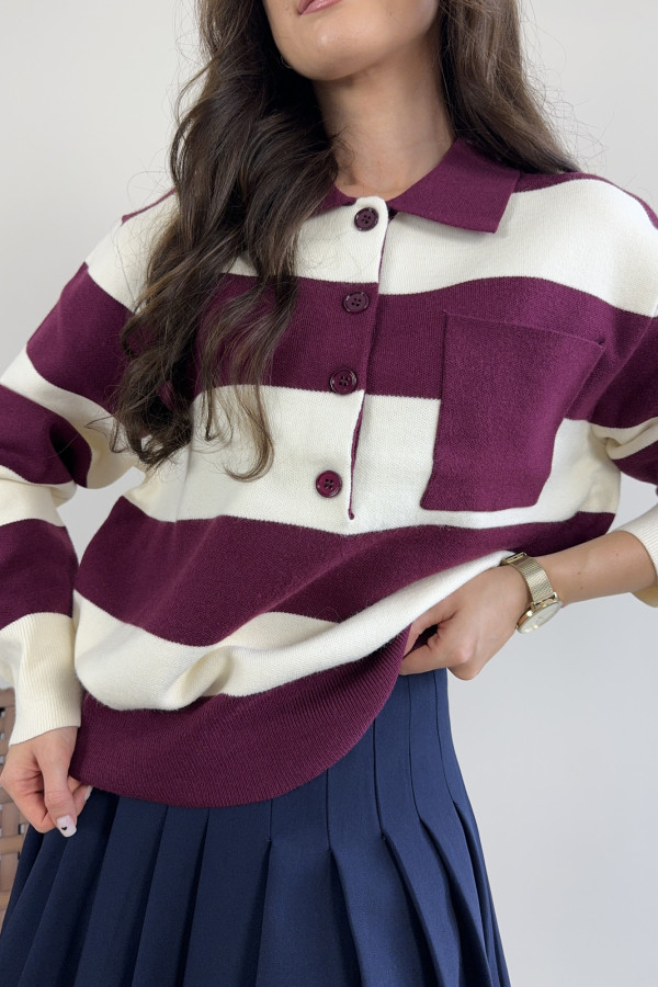 Sweter w bordowo-śmietankowe paski z kieszonką COZY 2