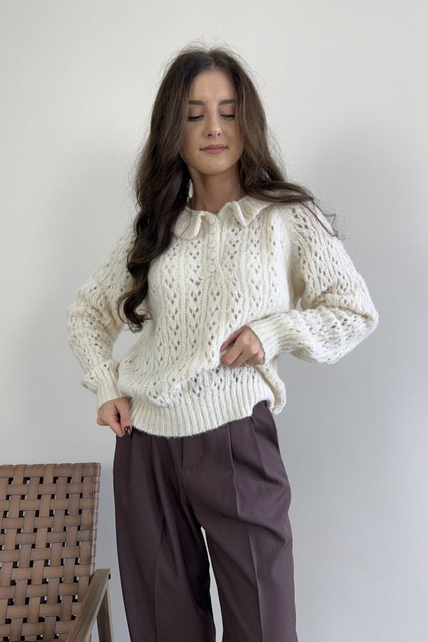 Sweter ażurowy z kołnierzykiem beżowy ELIS 2