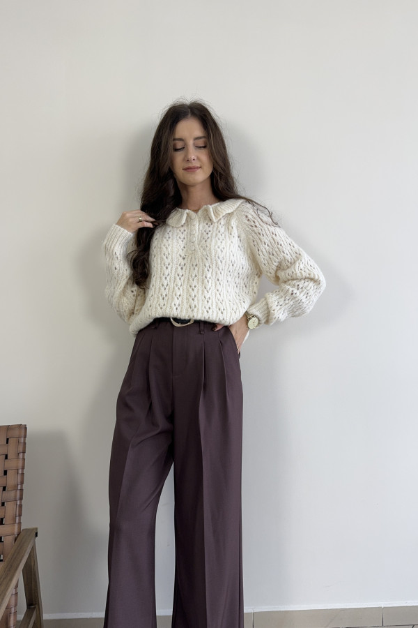 Sweter ażurowy z kołnierzykiem beżowy ELIS 3