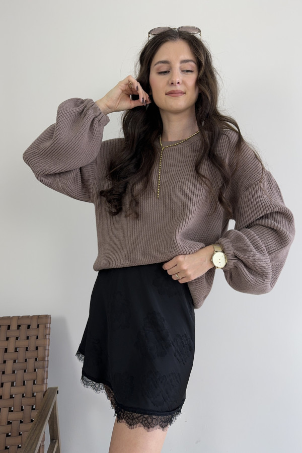 Sweter z balonowymi rękawami z kaszmirem beżowy FLUFFY