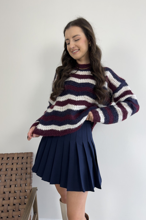 Sweter w granatowo-bordowe paski ażurowy AMARI 2