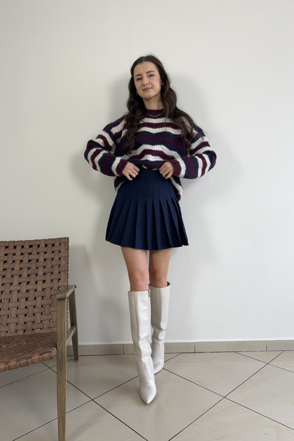 Sweter w granatowo-bordowe paski ażurowy AMARI 3
