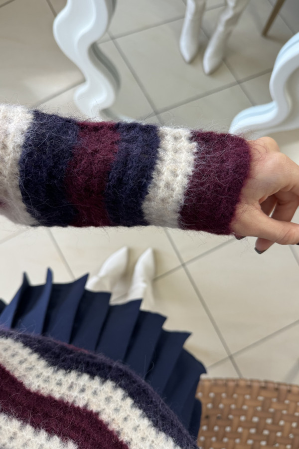 Sweter w granatowo-bordowe paski ażurowy AMARI 4