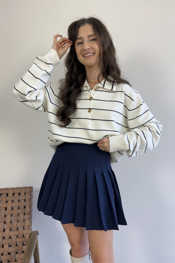 Sweter w paski z kołnierzykiem polo śmietankowy VIGO