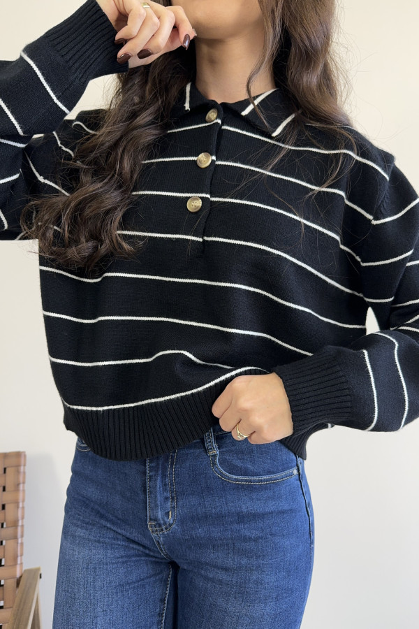 Sweter w paski z kołnierzykiem polo czarny VIGO