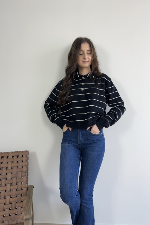 Sweter w paski z kołnierzykiem polo czarny VIGO 1
