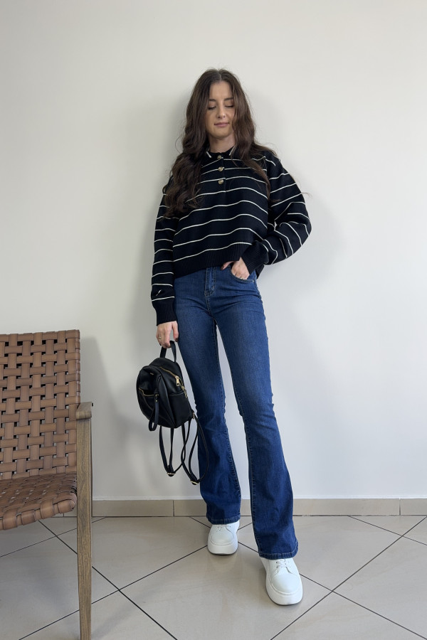 Sweter w paski z kołnierzykiem polo czarny VIGO 3