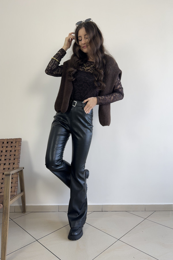 Spodnie z ekoskóry dzwony z paskiem LANOS 1