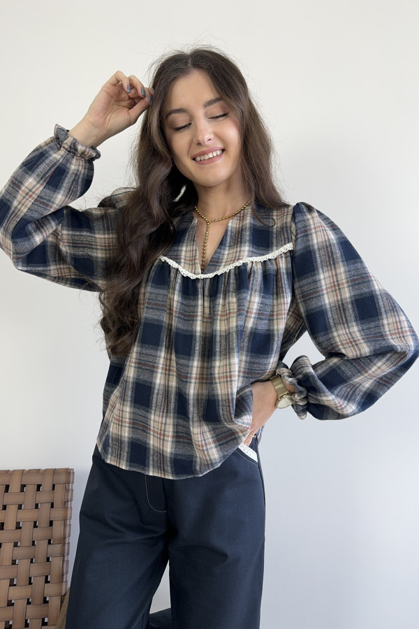 Bluzka w kratę z koronką granatowa MILAGRO 4