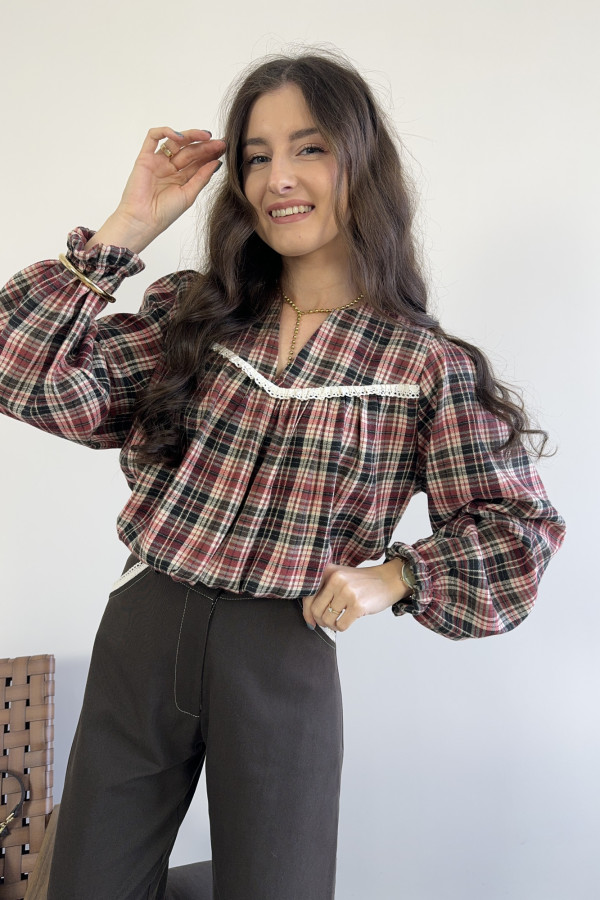 Bluzka w kratę z koronką czerwona MILAGRO