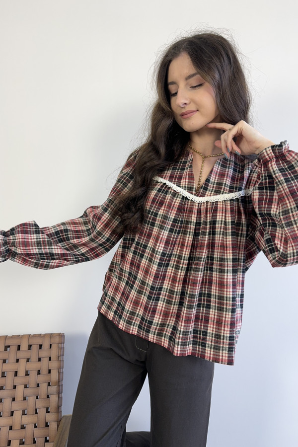 Bluzka w kratę z koronką czerwona MILAGRO 1