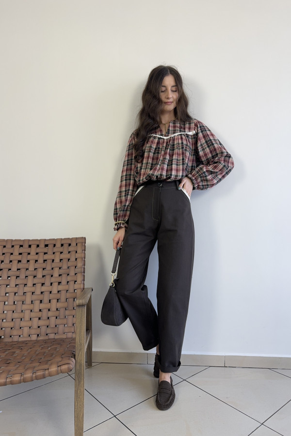 Bluzka w kratę z koronką czerwona MILAGRO 2