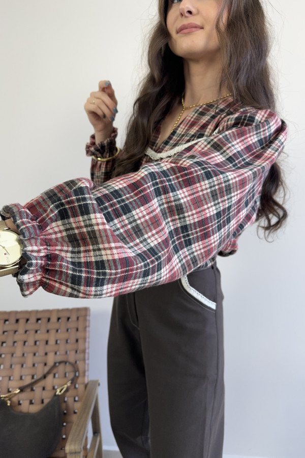 Bluzka w kratę z koronką czerwona MILAGRO 3