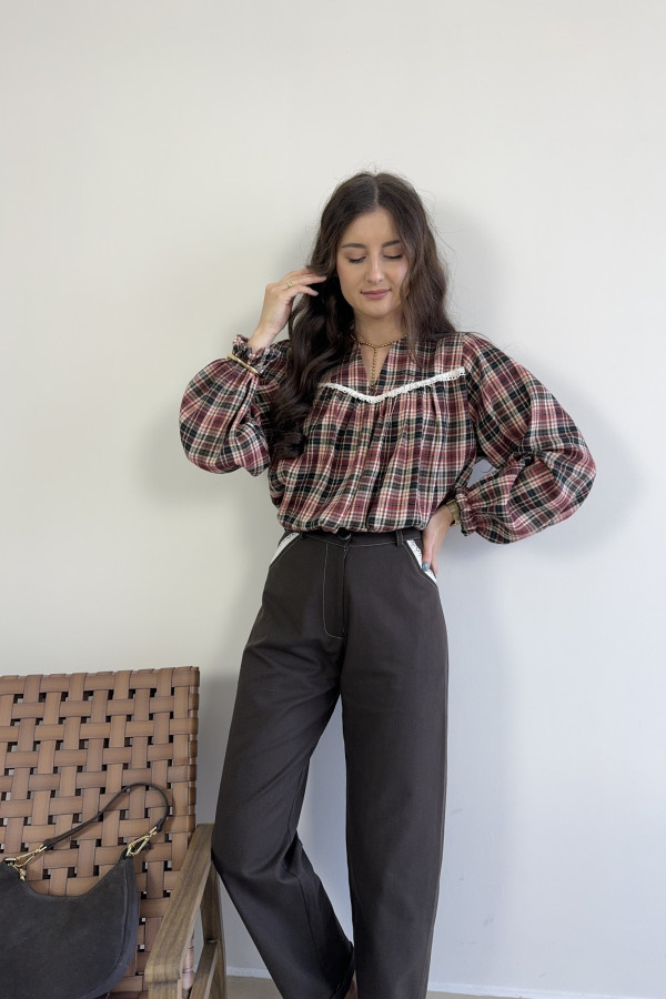 Bluzka w kratę z koronką czerwona MILAGRO 4