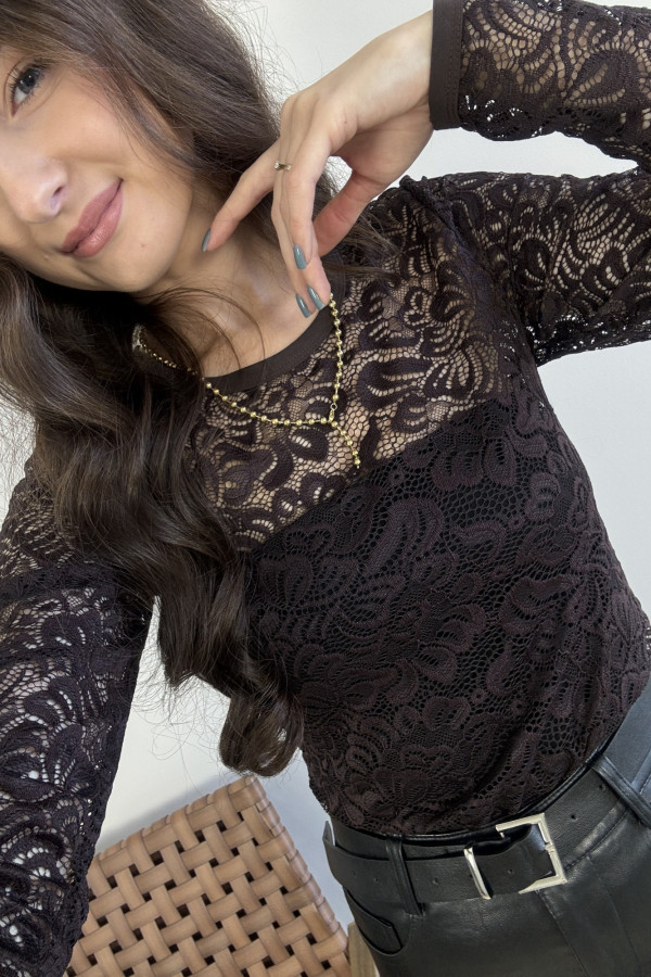 Bluzka koronkowa z wiskozą czekoladowa ELARA