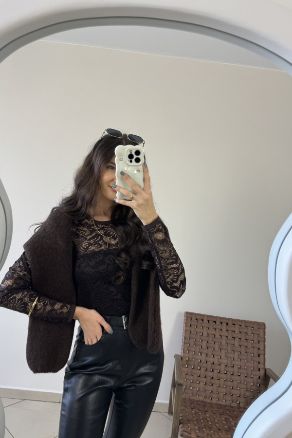 Bluzka koronkowa z wiskozą czekoladowa ELARA 4