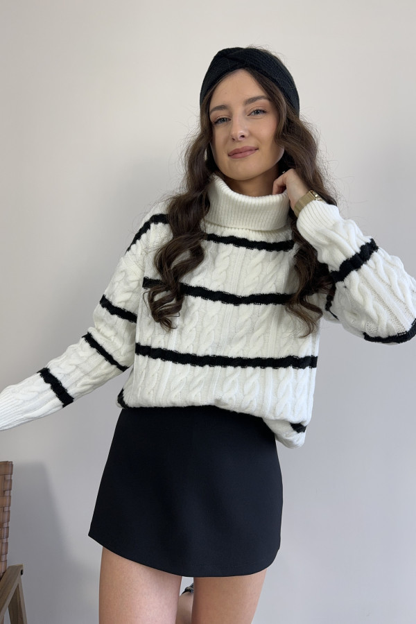 Golf/sweter śmietankowy w czarne paski 50% wełna IVY