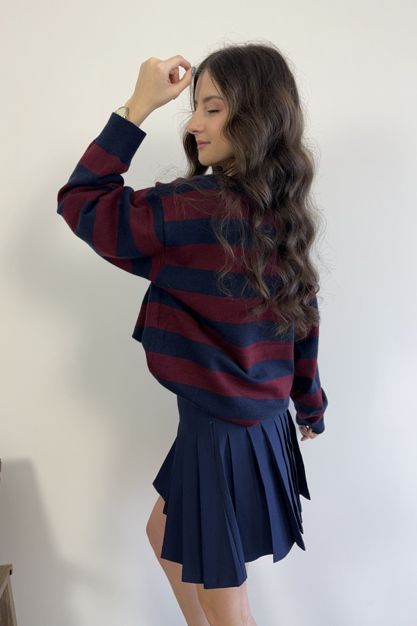 Sweter w granatowo-bordowe pasy z kołnierzykiem wiskoza i wełna MARIN 1