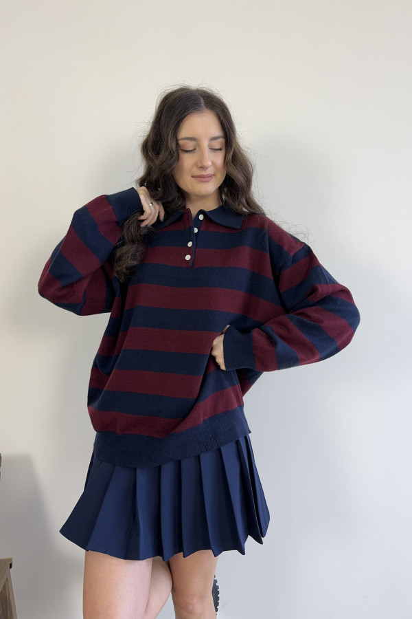 Sweter w granatowo-bordowe pasy z kołnierzykiem wiskoza i wełna MARIN 2