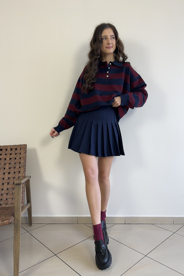 Sweter w granatowo-bordowe pasy z kołnierzykiem wiskoza i wełna MARIN 3