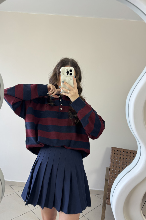 Sweter w granatowo-bordowe pasy z kołnierzykiem wiskoza i wełna MARIN 4